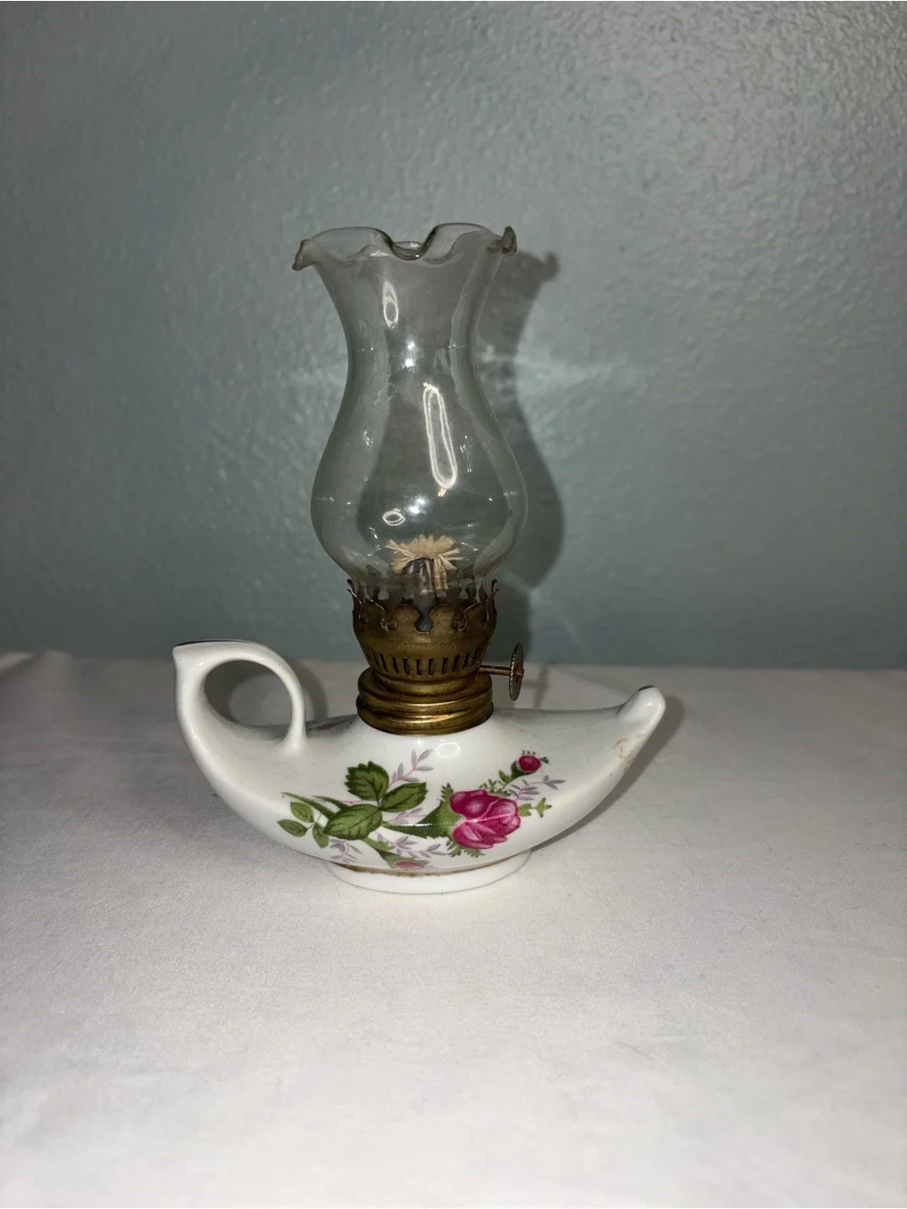 Miniature Vintage Floral Ceramic Oil Lamp with Glass Chimney perfect